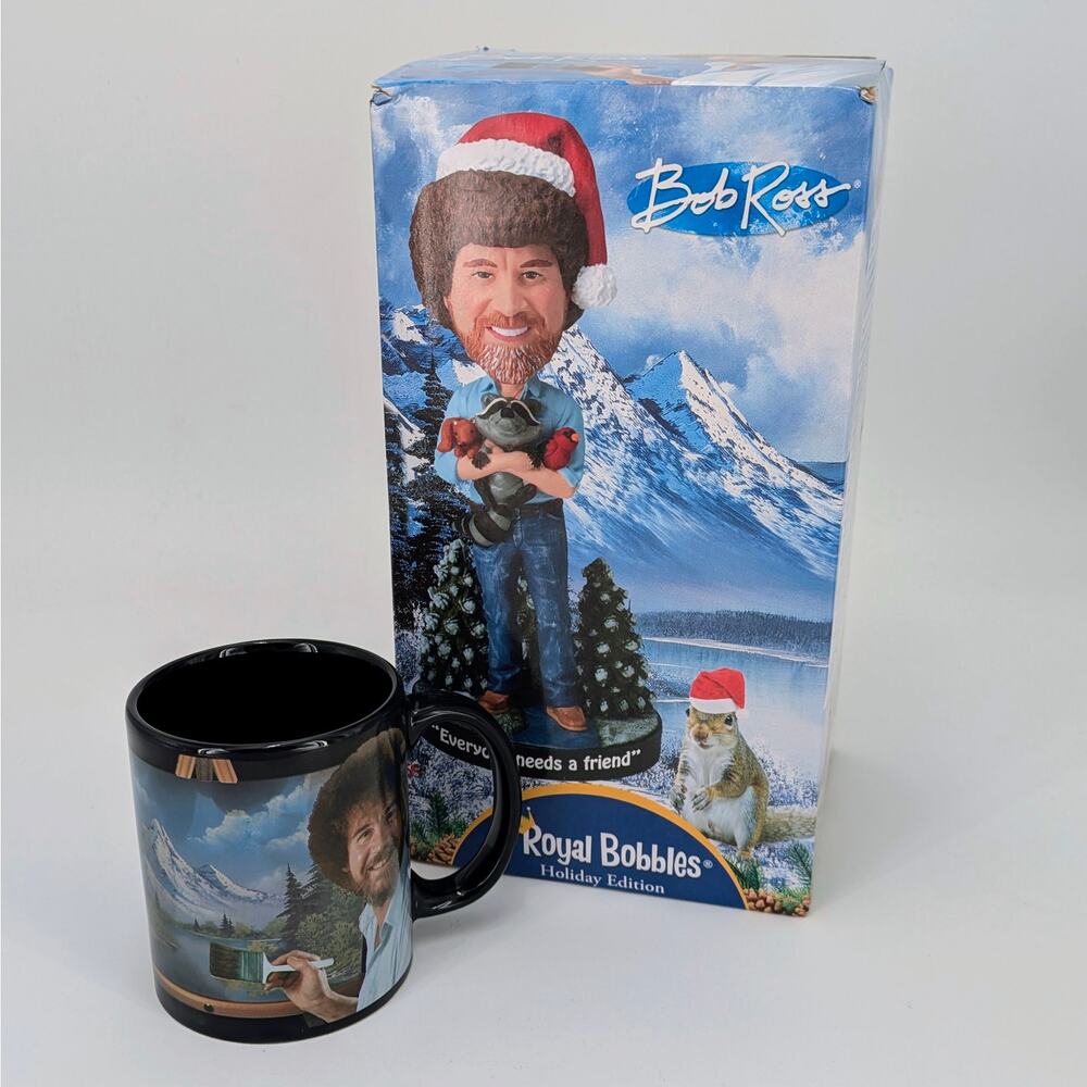 Bob Ross Holiday Bobblehead & Happy Little Mug Set Joy of Painting Gift Figurine